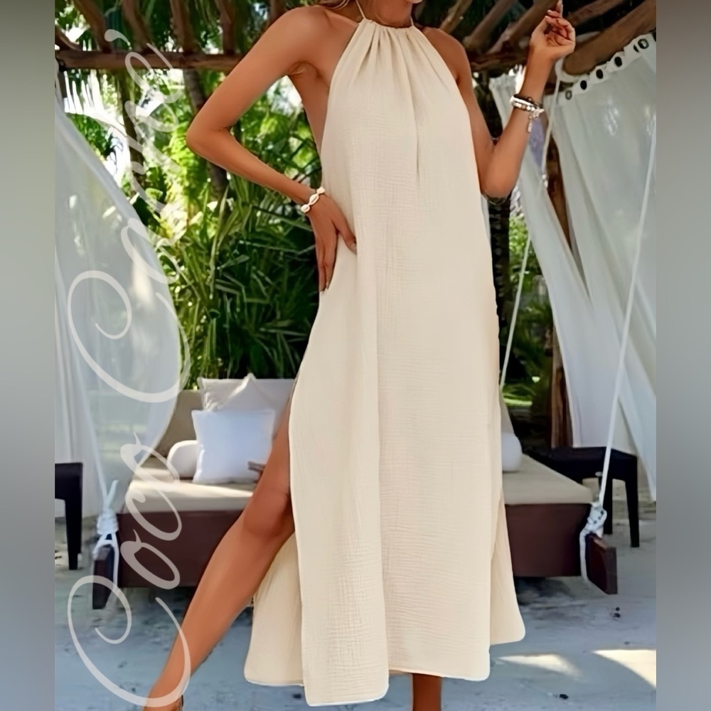 Desert Sand Bohemian Halter Backless Split Thigh Cotton Casual Summer Dress